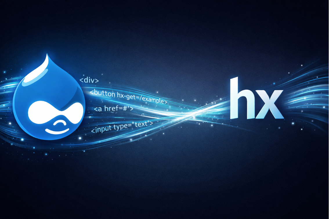 Drupal droplet logo and HTMX hx logo connected by flowing HTML code streams on dark background