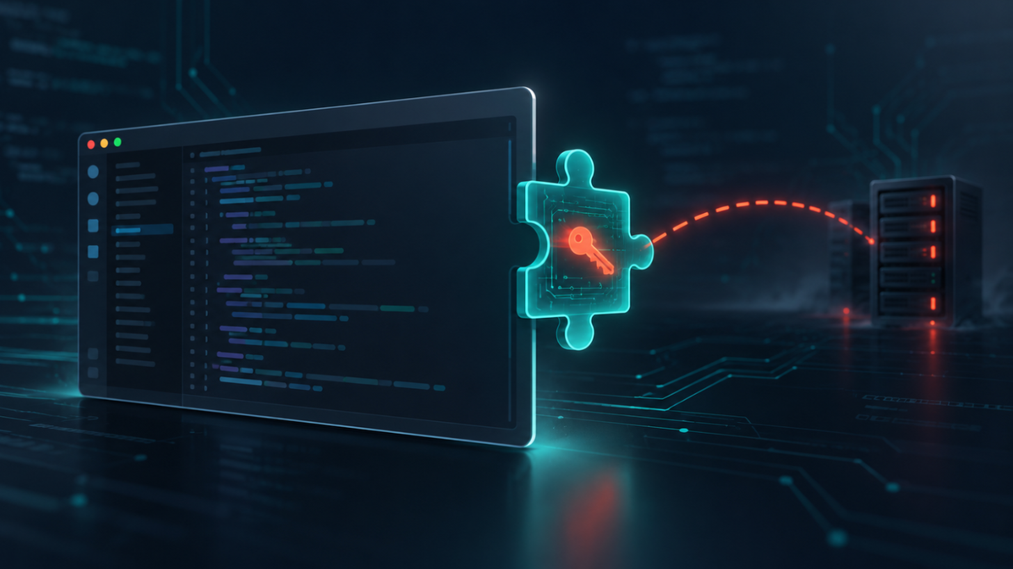 A glowing teal puzzle-piece extension with a hidden red SSH key plugged into a code editor window, with a dashed red line tunneling to a remote server rack