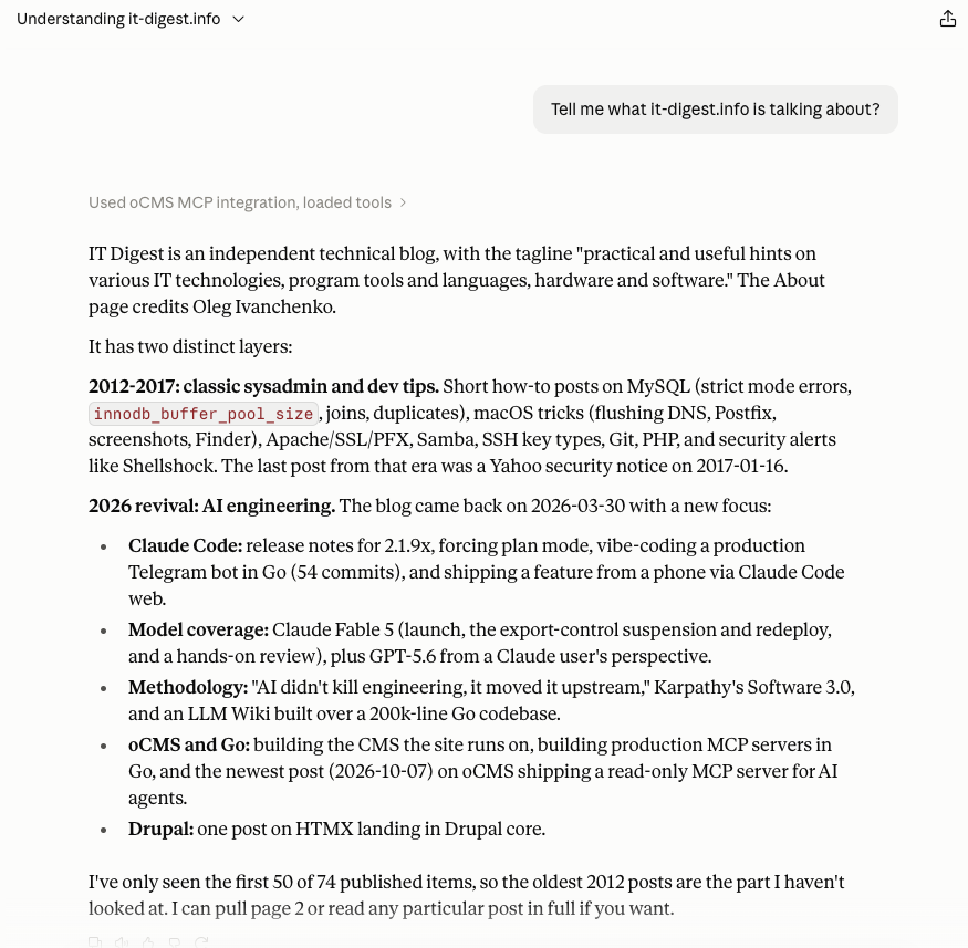 Claude Desktop summarizing what it-digest.info covers, using the oCMS MCP connector