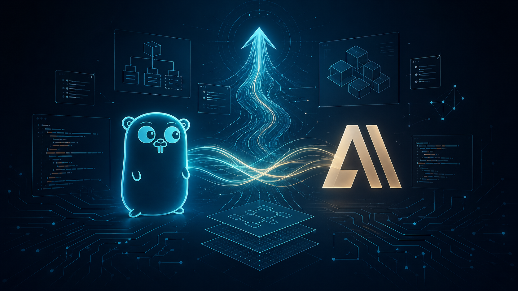 Abstract dark composition: a glowing Go gopher and a geometric AI mark connected by streams of light, with a stylized arrow rising upward, code-snippet panels and circuit board traces in the background.