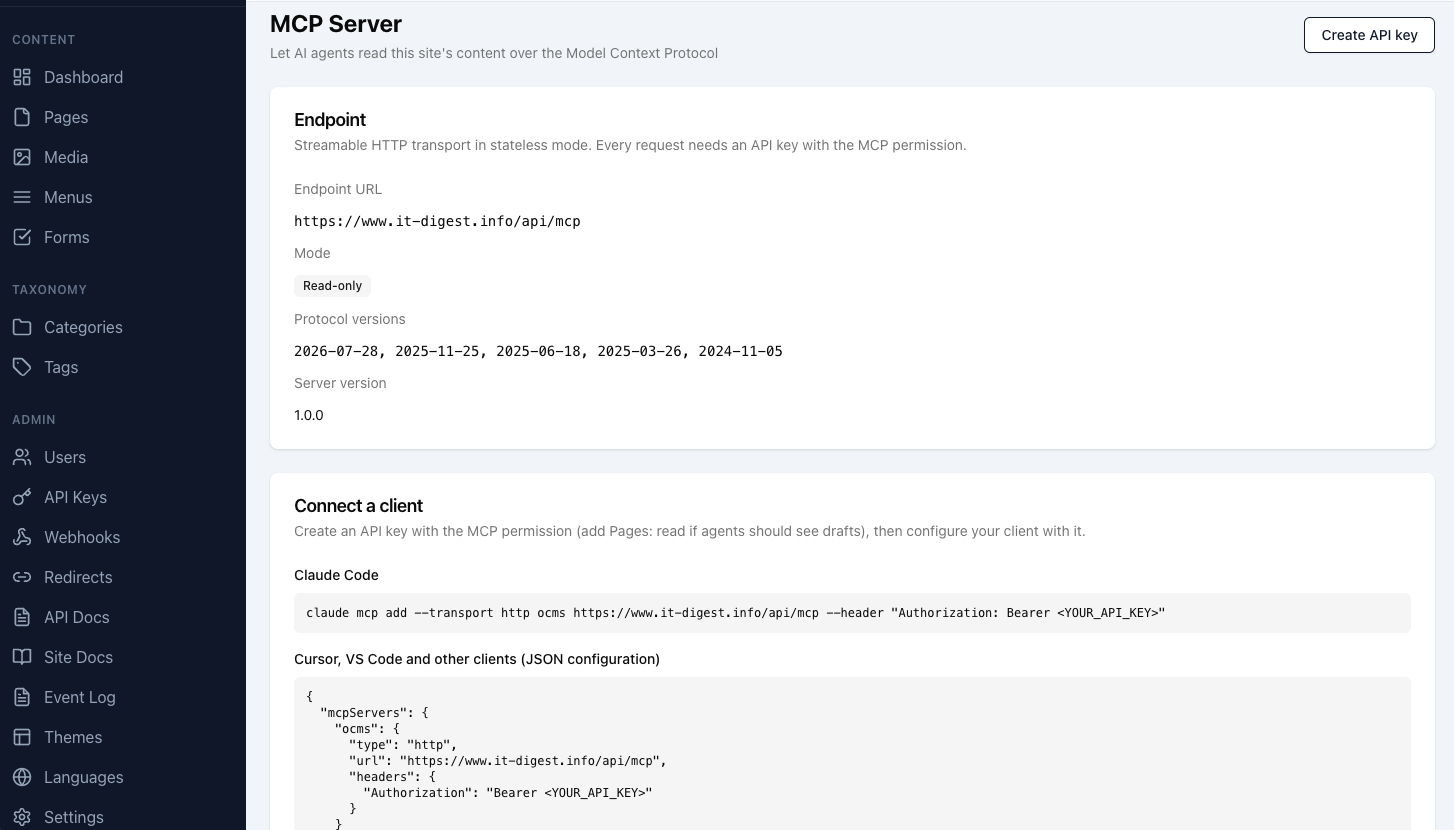 oCMS admin MCP Server page showing the endpoint, read-only mode, protocol versions and client snippets