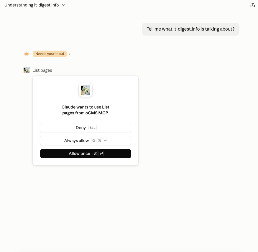 Claude Desktop asking for permission to use the List pages tool from the oCMS MCP connector