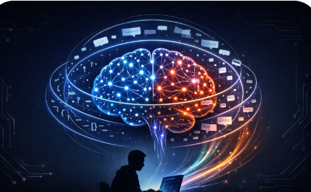 Stylized glowing brain with three concentric rings representing Software 1.0, 2.0, and 3.0 paradigms, with a silhouette coding on a laptop below