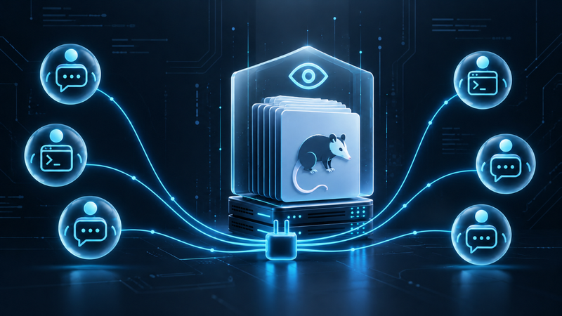 Glowing CMS document hub with an opossum emblem under a translucent shield with an eye symbol, connected by cyan data lines through a single plug to six AI agent orbs on a dark navy background