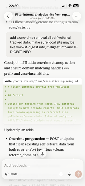 Revising the plan on my phone to add self-referral purge and domain normalization.