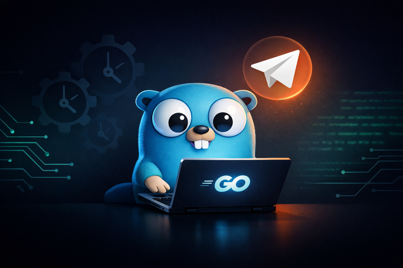 A blue Go gopher mascot sitting at a laptop with a glowing GO logo on the screen, a Telegram paper-plane icon floating above, faint gears and circuit-board traces in a dark navy background.
