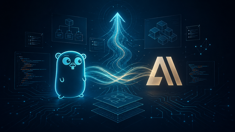 Abstract dark composition: a glowing Go gopher and a geometric AI mark connected by streams of light, with a stylized arrow rising upward, code-snippet panels and circuit board traces in the background.