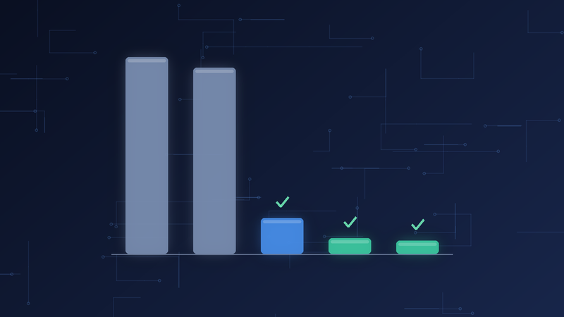 Five glowing bars on a dark navy circuit-board background: two tall grey bars and three short blue and green bars with check marks above them