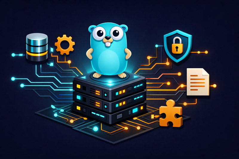 Go gopher with connected tech icons