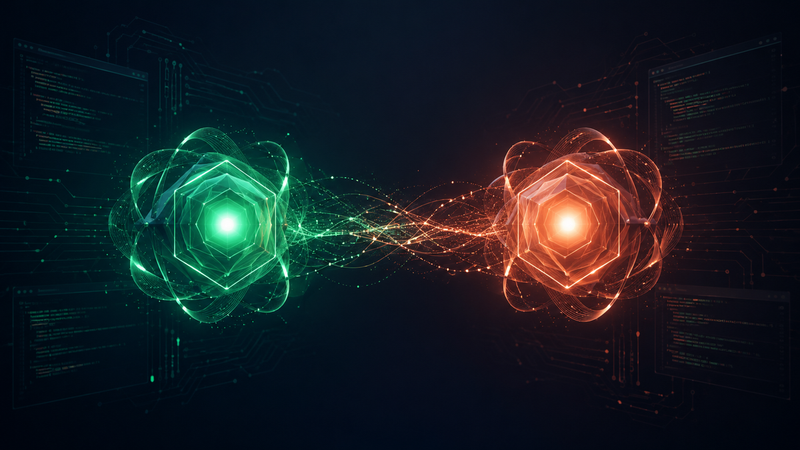 Two glowing AI cores, one emerald green and one coral orange, facing each other over a dark circuit board background symbolizing competition between AI coding tools