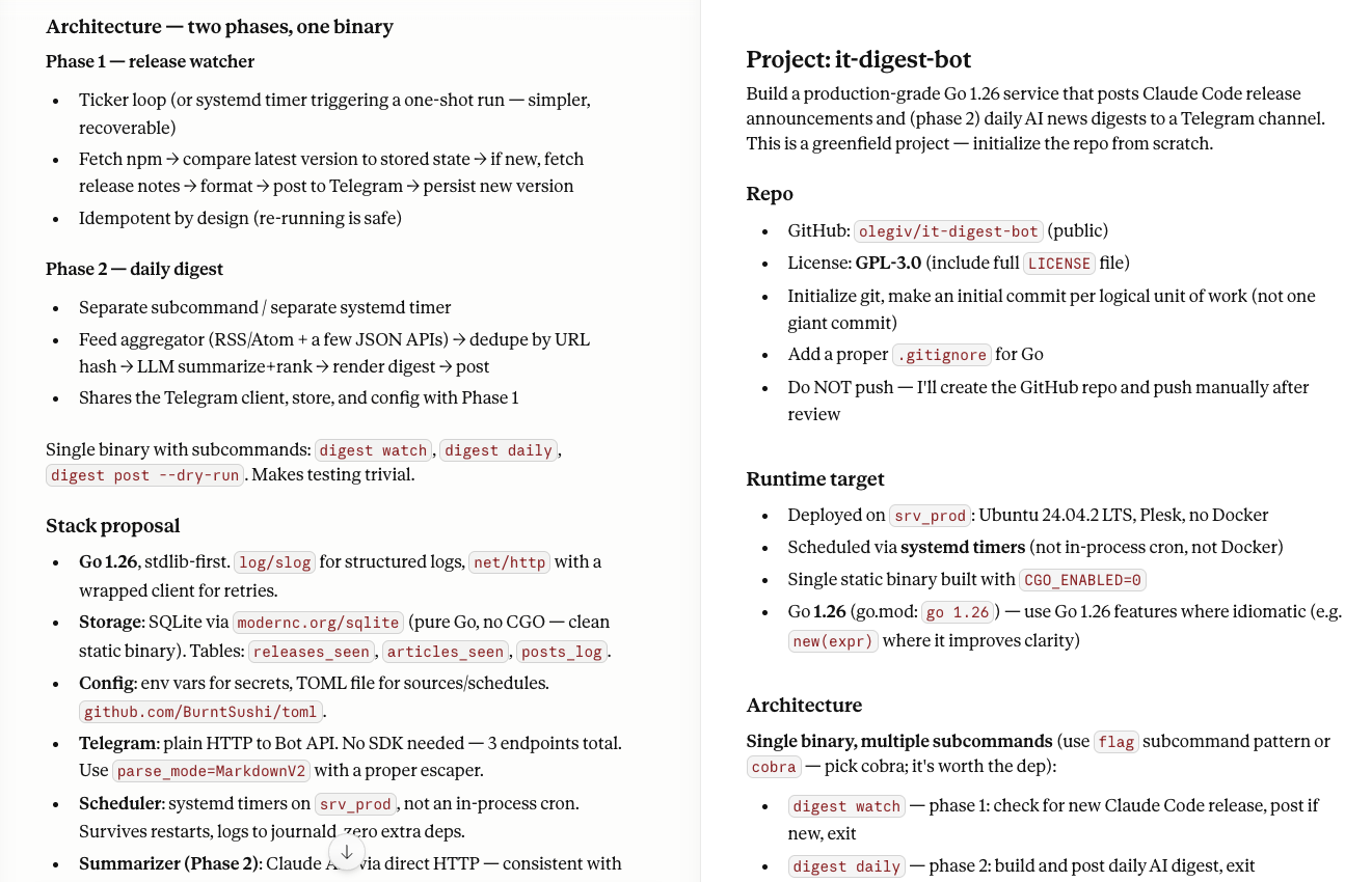 Claude Desktop chat window on the left and the generated spec document on the right, showing the project description, repository layout, and runtime constraints for it-digest-bot.