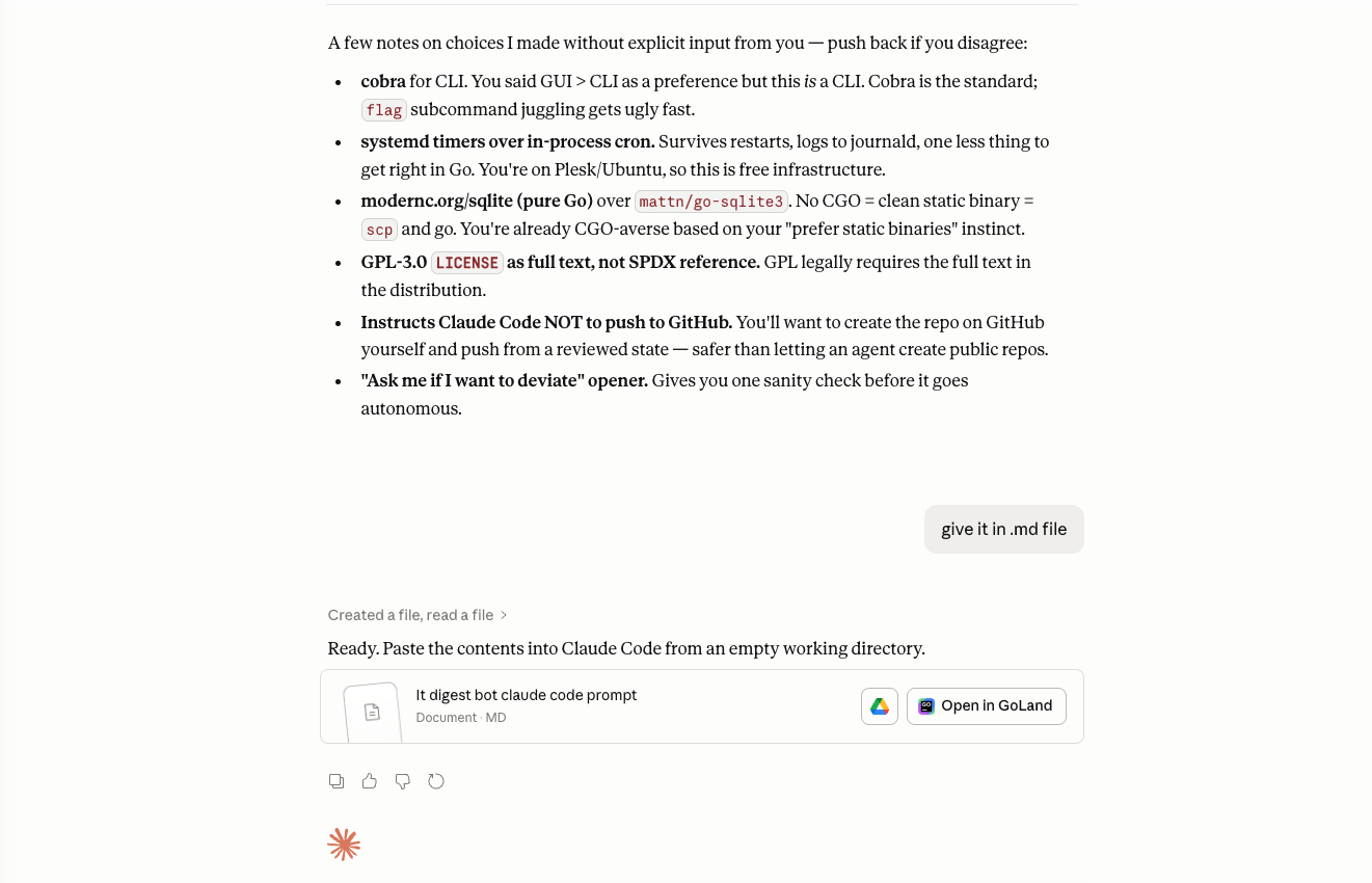 Claude Desktop showing the short list of deviations the model wanted to negotiate before starting, followed by the spec being saved to a markdown file the author asked for.
