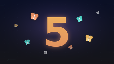 Stylized number 5 emblem with butterflies on a dark tech gradient, representing Claude Fable 5