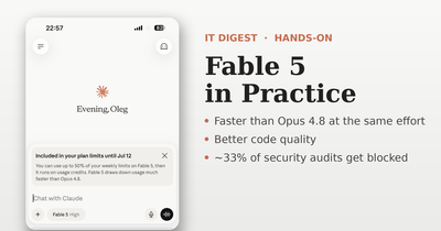 Fable 5 in Practice - IT Digest hands-on card showing the Claude app screenshot alongside the verdict: faster than Opus 4.8, better code, about 33 percent of security audits blocked