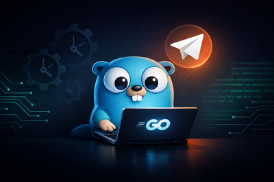 A blue Go gopher mascot sitting at a laptop with a glowing GO logo on the screen, a Telegram paper-plane icon floating above, faint gears and circuit-board traces in a dark navy background.