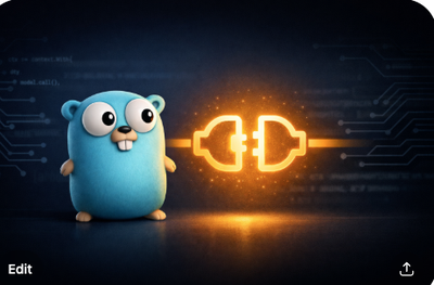 Go gopher mascot with golden MCP connector symbol on dark background