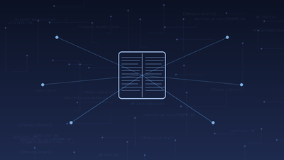 Dark navy knowledge-graph illustration: a central compiled wiki book linked to surrounding source pages, for the LLM Wiki article