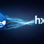Drupal droplet logo and HTMX hx logo connected by flowing HTML code streams on dark background