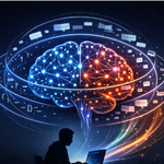 Stylized glowing brain with three concentric rings representing Software 1.0, 2.0, and 3.0 paradigms, with a silhouette coding on a laptop below