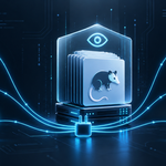 Glowing CMS document hub with an opossum emblem under a translucent shield with an eye symbol, connected by cyan data lines through a single plug to six AI agent orbs on a dark navy background