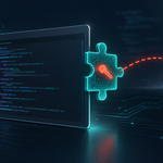 A glowing teal puzzle-piece extension with a hidden red SSH key plugged into a code editor window, with a dashed red line tunneling to a remote server rack