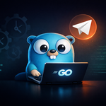 A blue Go gopher mascot sitting at a laptop with a glowing GO logo on the screen, a Telegram paper-plane icon floating above, faint gears and circuit-board traces in a dark navy background.