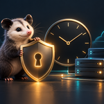 An opossum beside a glowing shield, clock, and connected servers on a dark background