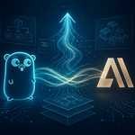 Abstract dark composition: a glowing Go gopher and a geometric AI mark connected by streams of light, with a stylized arrow rising upward, code-snippet panels and circuit board traces in the background.