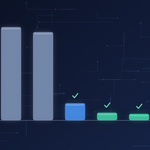 Five glowing bars on a dark navy circuit-board background: two tall grey bars and three short blue and green bars with check marks above them