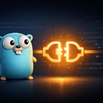 Go gopher mascot with golden MCP connector symbol on dark background